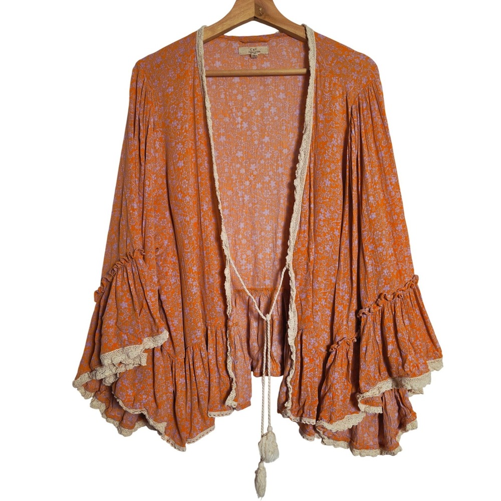 Chelsea & Violet Floral Ruffle Bell Sleeve Tie Front Kimono Top Orange XL